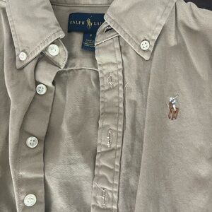 Ralph Lauren girls dress. Khaki with ribbon belt. Size 8.